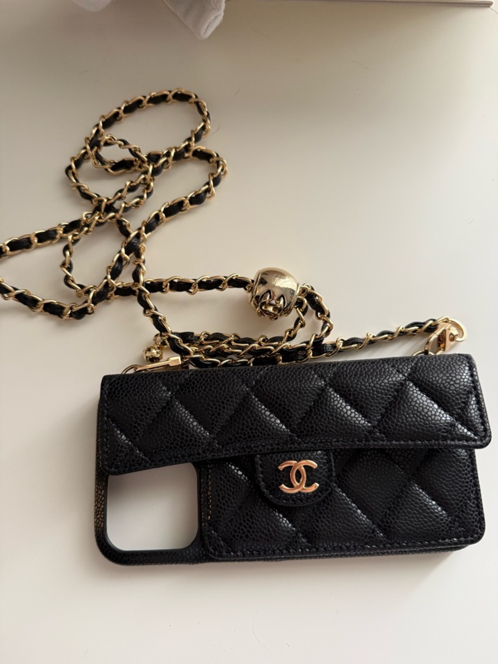CHANEL Black Quilted Caviar IPhone 15 promax Phone Crossbody with Gold Chain
